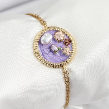 316L Çelik Zincir Mor Mineli Sanatsal Portre İnci Detaylı Çiçek Model Gold Renk Kadın Bileklik