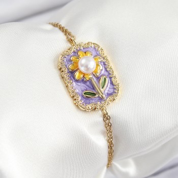 316L Çelik Zincir Mor Mineli Sanatsal Portre İnci Detaylı Papatya Model Gold Renk Kadın Bileklik