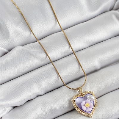 316L Çelik Zincir Mor Sanatsal Portre İnci Detaylı Papatya Figürlü Kalp Model Gold Renk Kadın Kolye