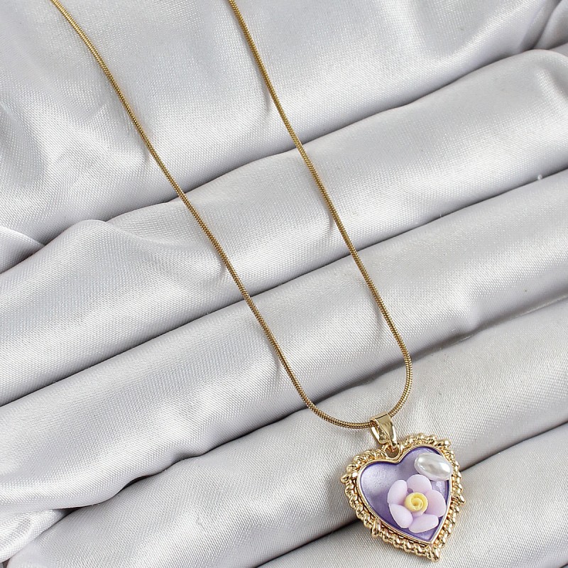 316L Çelik Zincir Mor Sanatsal Portre İnci Detaylı Papatya Figürlü Kalp Model Gold Renk Kadın Kolye