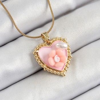 316L Çelik Zincir Pembe Sanatsal Portre İnci Detaylı Papatya Figürlü Kalp Model Gold Renk Kadın Kolye