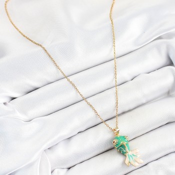 316L Çelik Zincir Yeşil Balık Model Gold Renk Kadın Kolye