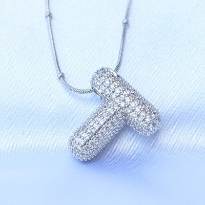 316L Çelik Zincirli Zirkon Taşlı T Harfli Gümüş Renk Bubble Kolye