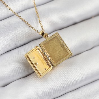316L Çelik Zirkon Taşlı Açılabilr Kapaklı Kitap Model Gold Renk Kadın Kolye