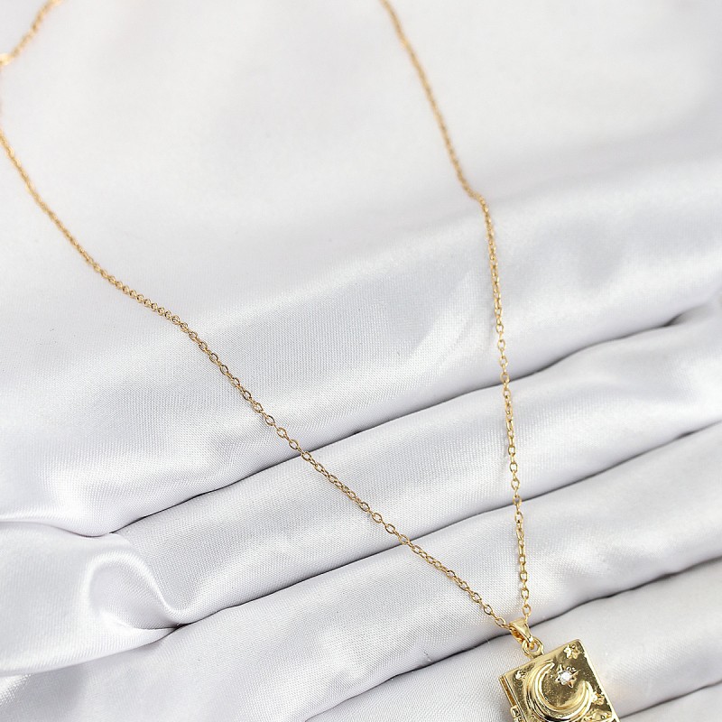 316L Çelik Zirkon Taşlı Açılabilr Kapaklı Kitap Model Gold Renk Kadın Kolye