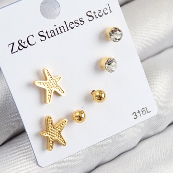 316L Çelik Zirkon Taşlı Deniz Yıldızı Model Gümüş Renk Kadın Set Küpe