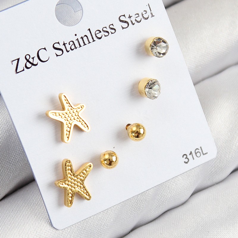 316L Çelik Zirkon Taşlı Deniz Yıldızı Model Gümüş Renk Kadın Set Küpe