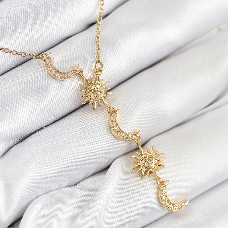 316L Çelik Zirkon Taşlı Güneş Ve Ay Model Gold Renk Kadın Kolye