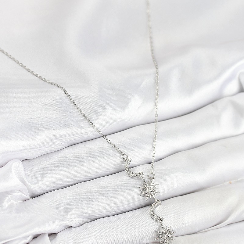 316L Çelik Zirkon Taşlı Güneş Ve Ay Model Gümüş Renk Kadın Kolye