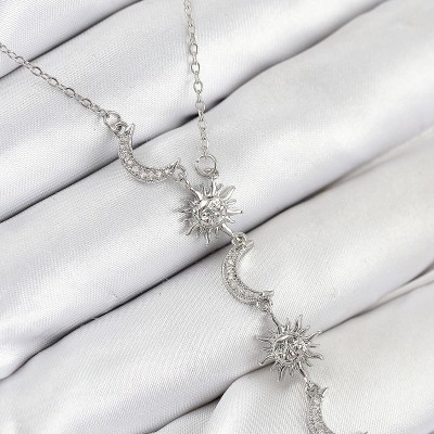 316L Çelik Zirkon Taşlı Güneş Ve Ay Model Gümüş Renk Kadın Kolye