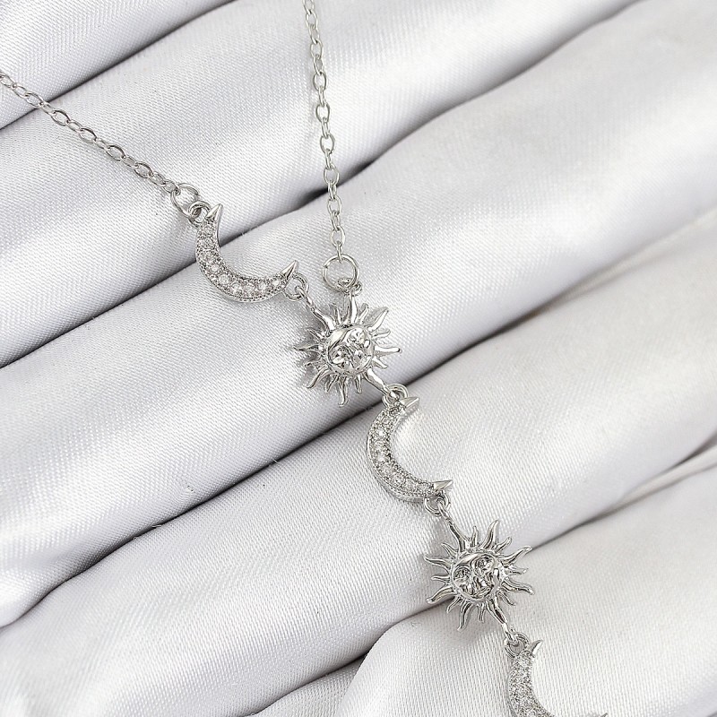 316L Çelik Zirkon Taşlı Güneş Ve Ay Model Gümüş Renk Kadın Kolye