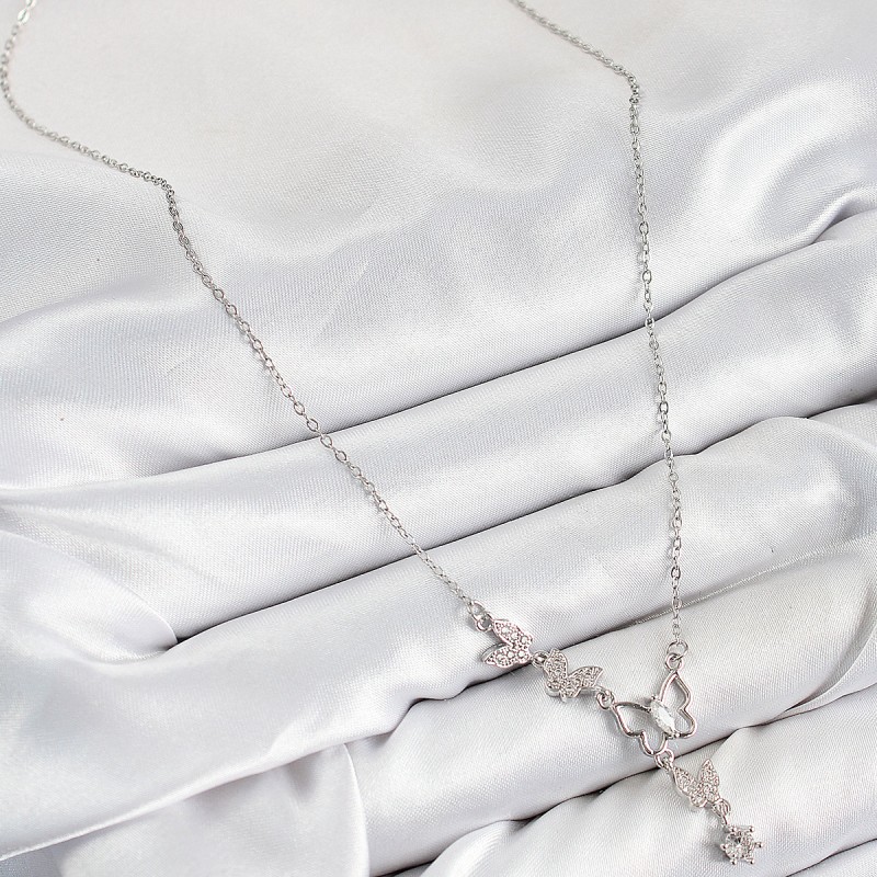 316L Çelik Zirkon Taşlı Kelebek Model Gümüş Renk Kadın Kolye