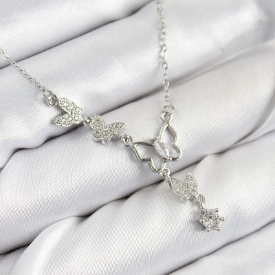 316L Çelik Zirkon Taşlı Kelebek Model Gümüş Renk Kadın Kolye