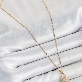 316L Çelik Zirkon Taşlı Kilit Ve Sallantılı Anahtar Model Gold Renk Kadın Kolye