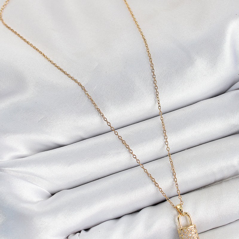 316L Çelik Zirkon Taşlı Kilit Ve Sallantılı Anahtar Model Gold Renk Kadın Kolye