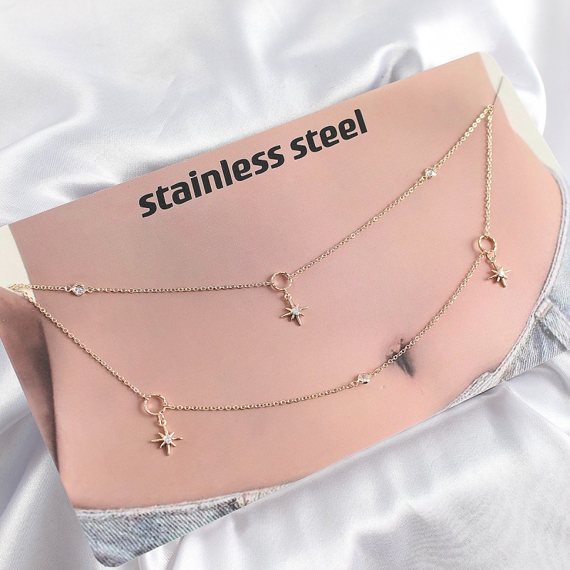 316L Çelik Zirkon Taşlı Kutup Yıldızı Model Gold Renk Göbek Bel Zinciri