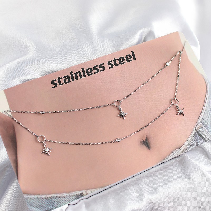 316L Çelik Zirkon Taşlı Kutup Yıldızı Model Gümüş Renk Göbek Bel Zinciri
