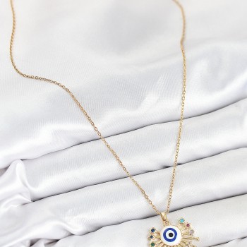 316L Çelik Zirkon Taşlı Nazar Model Gold Renk Kadın Kolye