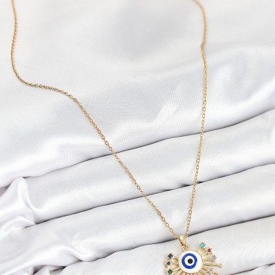 316L Çelik Zirkon Taşlı Nazar Model Gold Renk Kadın Kolye