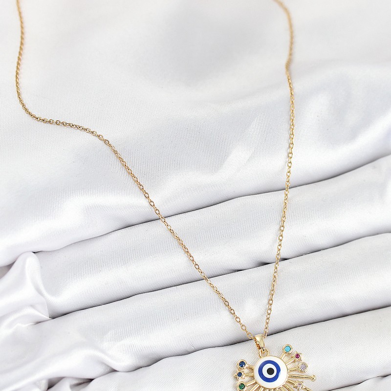 316L Çelik Zirkon Taşlı Nazar Model Gold Renk Kadın Kolye