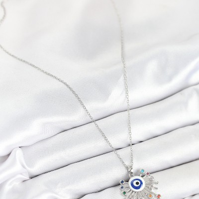 316L Çelik Zirkon Taşlı Nazar Model Gümüş Renk Kadın Kolye
