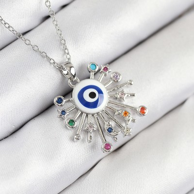 316L Çelik Zirkon Taşlı Nazar Model Gümüş Renk Kadın Kolye