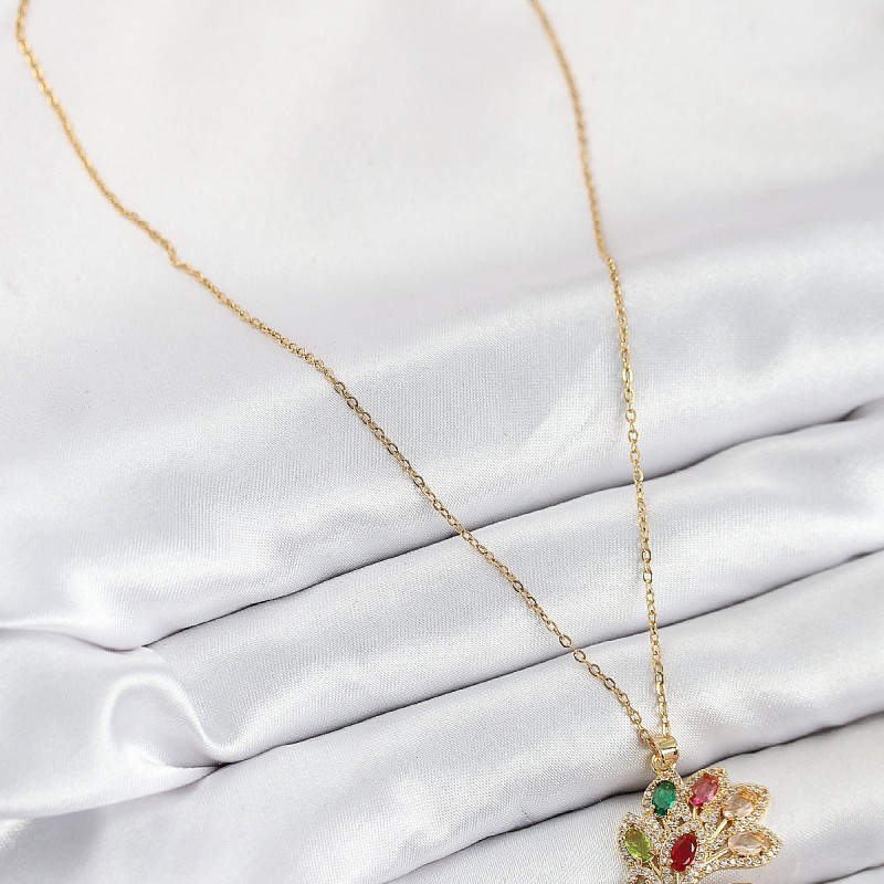 316L Çelik Zirkon Taşlı Tavus Kuşu Model Gold Renk Kadın Kolye