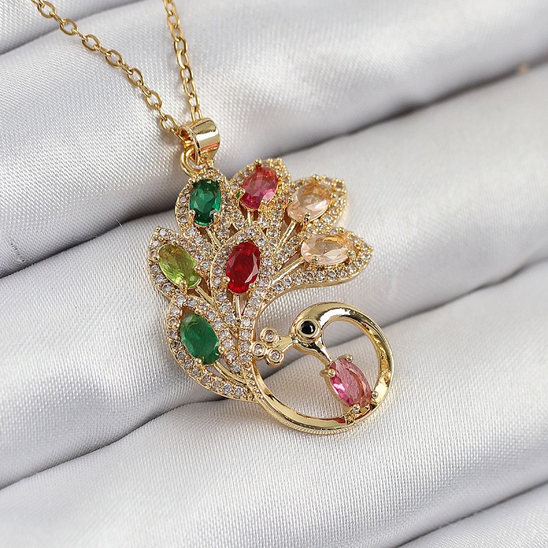 316L Çelik Zirkon Taşlı Tavus Kuşu Model Gold Renk Kadın Kolye