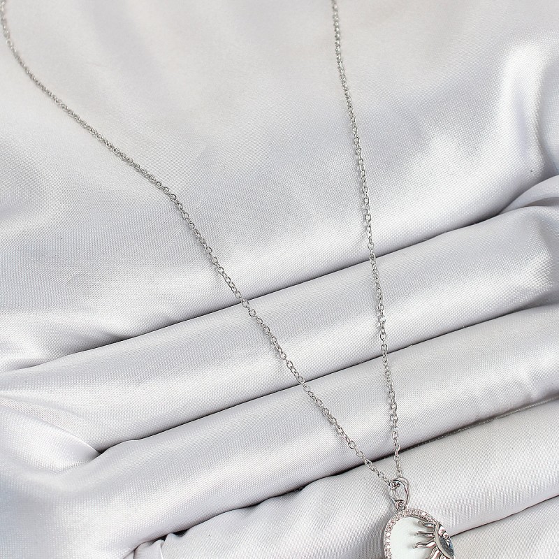 316L Çelik Zirkon Taşlı Yarım Güneş Model Gümüş Renk Kadın Kolye