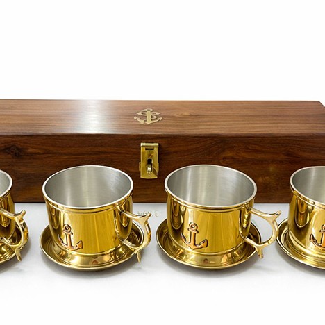 38x10 cm Ahşap Kutulu 4'lü Pirinç Fincan Seti 
