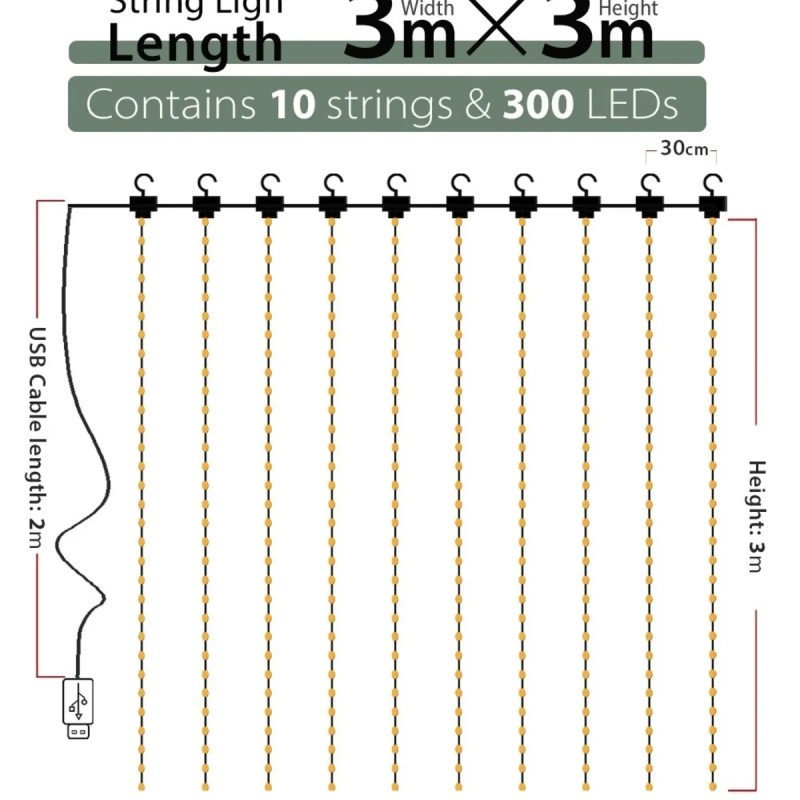  8 Fonksiyonlu Peri Perde Led Uzaktan Kumandalı Günışığı Perde Peri Led (3 mt x 3 mt)