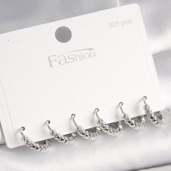 925 Ayar Gümüş Çivi Pirinç Gümüş Renk Kalp İşlemeli Halka Model Kadın Küpe Seti