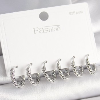 925 Ayar Gümüş Çivi Pirinç Gümüş Renk Sarmal Halka Model Kadın Küpe Seti