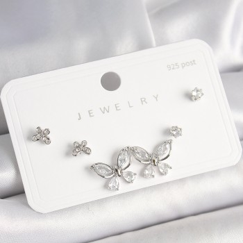 925 Ayar Gümüş Çivi Pirinç Gümüş Renk Zirkon Taşlı Kelebek Model Kadın Küpe Seti