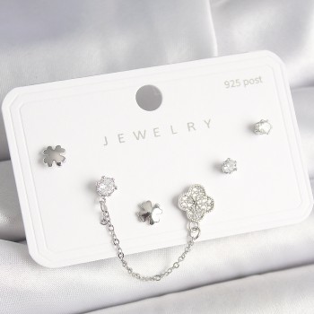 925 Ayar Gümüş Çivi Pirinç Gümüş Renk Zirkon Taşlı Yonca Model Sallantı Zincir Detay Kadın Küpe Seti