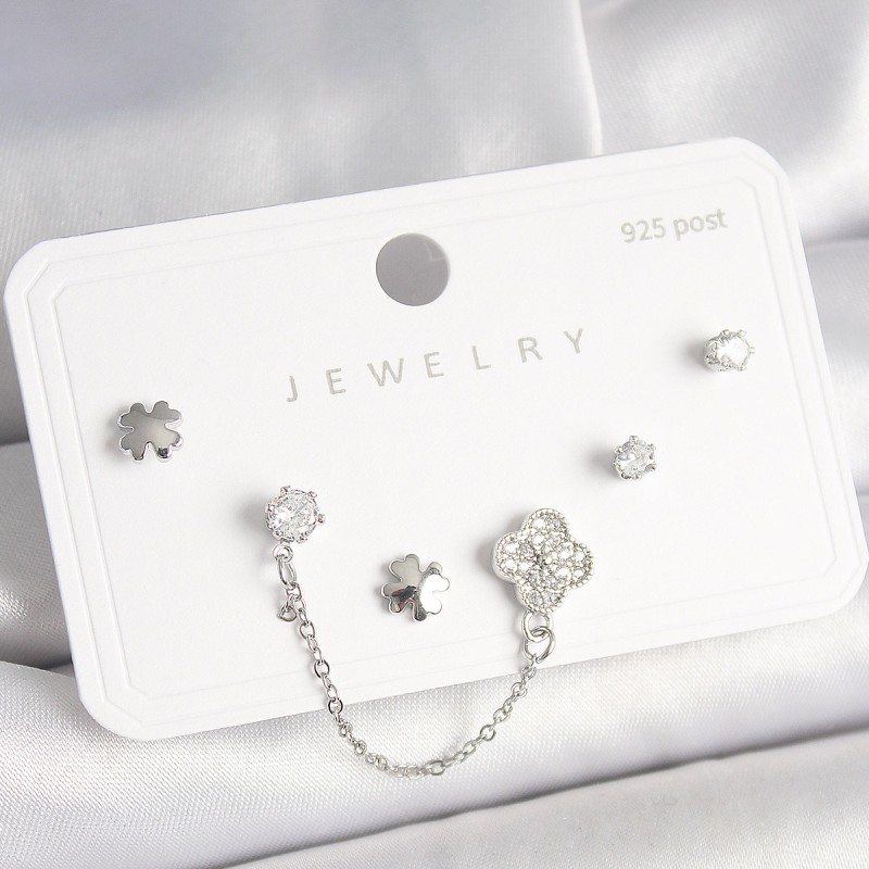 925 Ayar Gümüş Çivi Pirinç Gümüş Renk Zirkon Taşlı Yonca Model Sallantı Zincir Detay Kadın Küpe Seti