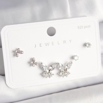 925 Ayar Gümüş Çivi Pirinç Zirkon Taşlı Kelebek Model Kadın Küpe Seti