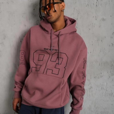 93 Dijital Parça Baskılı Kapşonlu Sweat - Gül Kurusu