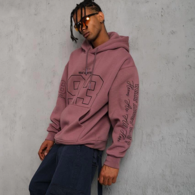 93 Dijital Parça Baskılı Kapşonlu Sweat - Gül Kurusu