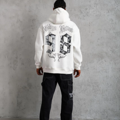 98 Baskılı Kapşonlu Sweat - Beyaz -