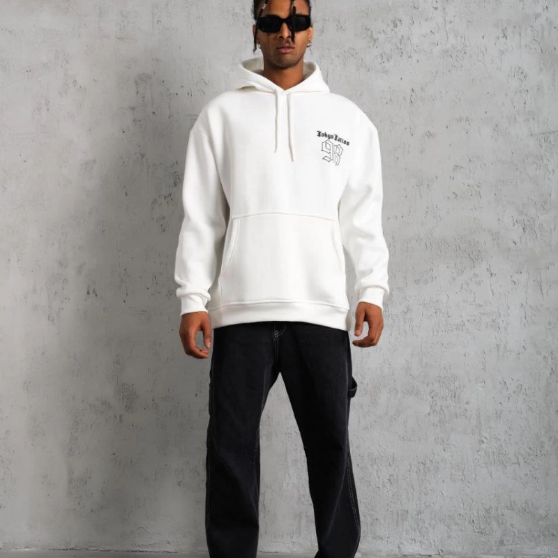 98 Baskılı Kapşonlu Sweat - Beyaz -