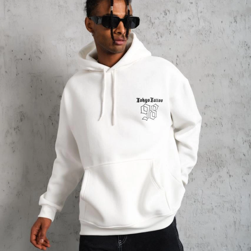 98 Baskılı Kapşonlu Sweat - Beyaz -