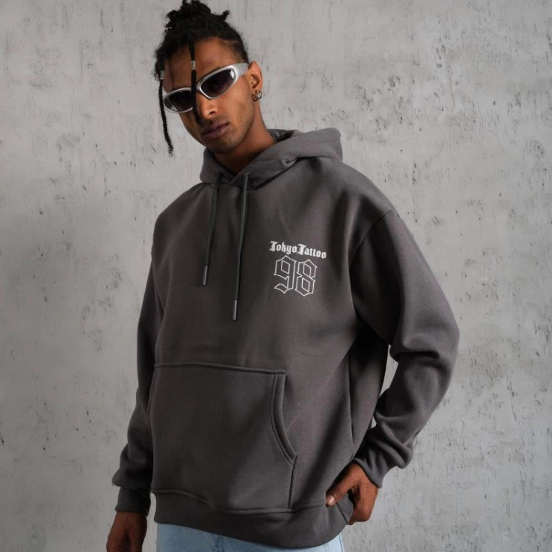 98 Baskılı Kapşonlu Sweat - Gri