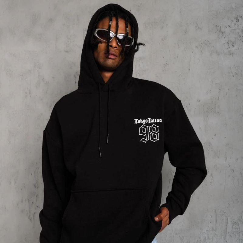 98 Baskılı Kapşonlu Sweat - Siyah -