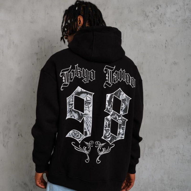 98 Baskılı Kapşonlu Sweat - Siyah -