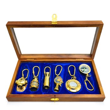 Ahşap Kutulu Denizci Temalı Pirinç Anahtarlık Seti 