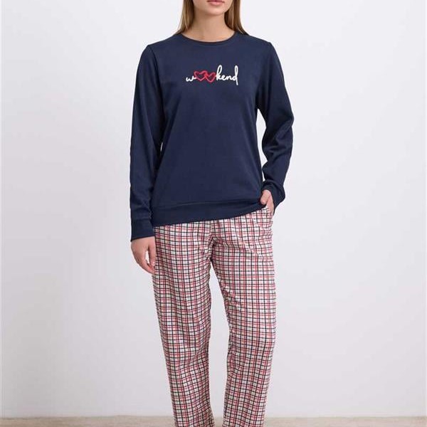 Arias Closet %100 Pamuklu Uzun Kol Sweatshirt Ve Ekose Pantolon Pijama Takımı