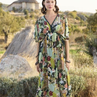 Arias Closet %100 Viskon Çiçek Ve Yaprak Desenli Kısa Kollu Elbise