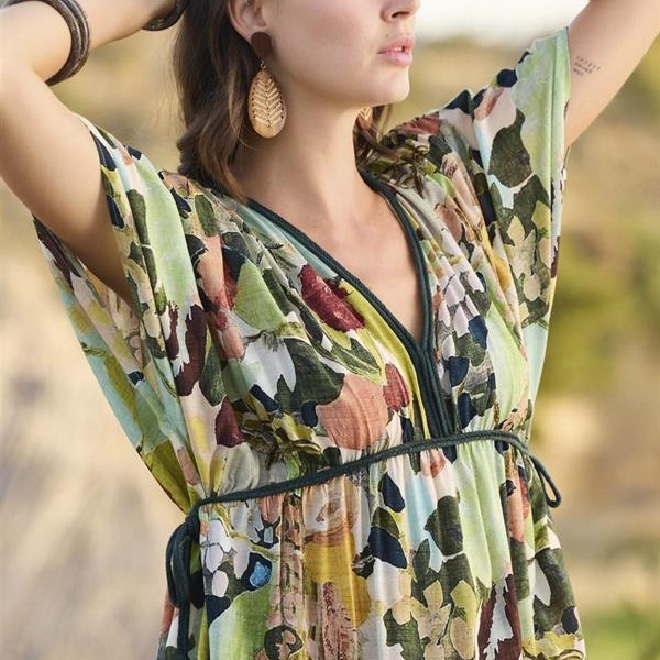 Arias Closet %100 Viskon Çiçek Ve Yaprak Desenli Kısa Kollu Elbise