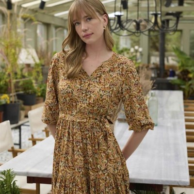 Arias Closet %100 Viskon Çiçek Ve Yaprak Desenli Kuşaklı Elbise